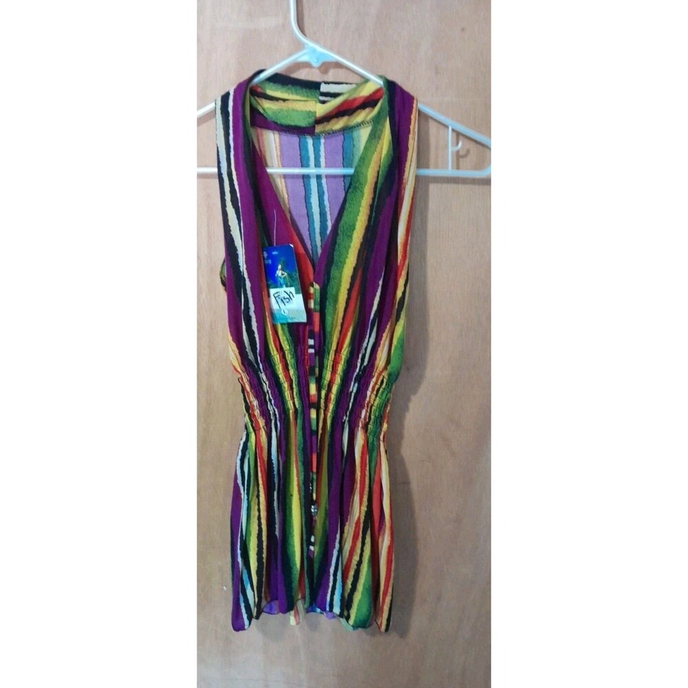 Mzsq Rainbow VIBRANT Multicolor Womens -L Sleeveless Tank Top Gathered Waist